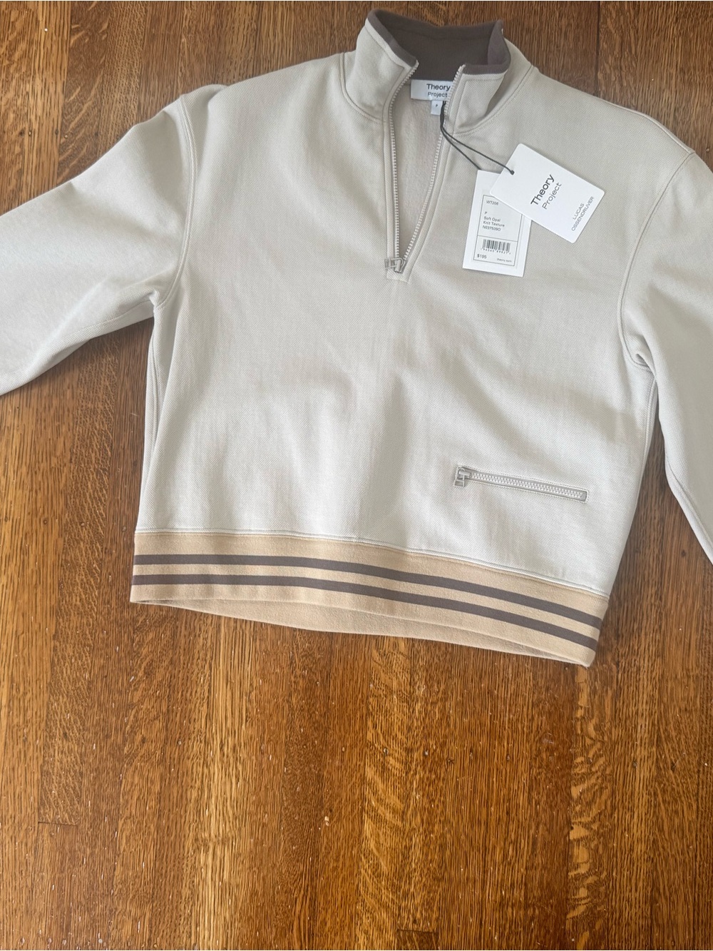 Theory Cream and Tan Half-Zip Pullover with Stripe Hem